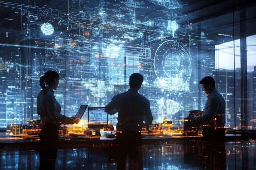 Eine Gruppe von Ingenieuren vor einer futuristischen Umgebung